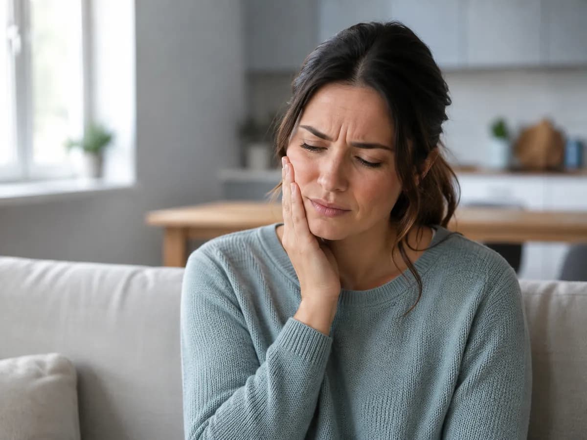 A woman holding her cheek in discomfort from a toothache